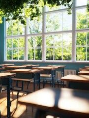 Fototapeta premium Bright Sunny Classroom Empty Desks School Education Learning Green Trees Study Books Youth Clean
