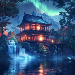 Obraz premium Illuminated Japanese house near snowy pond high resolution picture