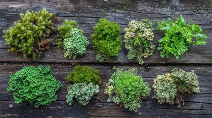 Adirondack moss types presented symmetrically on gray wooden planks showing detailed textures multiple shades green perfect for environmental graphics backgrounds