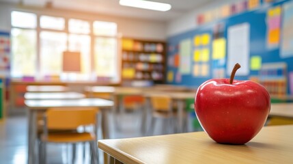 Red Apple on Desk in Bright Classroom School Education kid food kids sunny fruit image photo stock