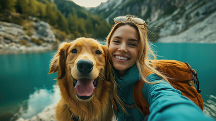 Happy woman taking selfie with golden retriever near turquoise lake and mountains