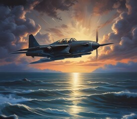military aircraft at sunset