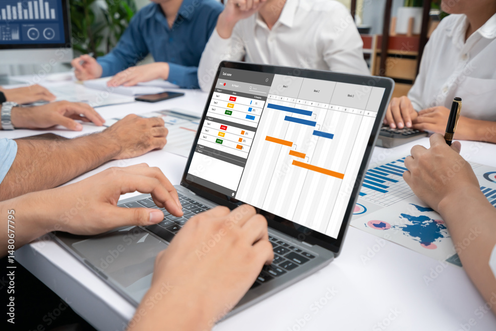 Leinwandbilder project planning software for brisk business project management on the computer screen showing timel