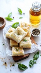 Stack of Freshly Baked Focaccia Bread Slices with Basil and Olive Oil on White Marble Table Top View