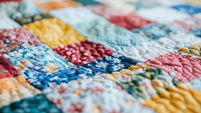 Detailed closeup of a colorful, handcrafted patchwork quilt.