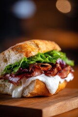 Delicious Prosciutto Sandwich on Wooden Board Close-up Shot; Gourmet Italian Cuisine with Fresh Ingredients; Restaurant Meal