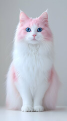 Obraz premium Pink And White Fluffy Cat With Blue Eyes Sitting On White Background