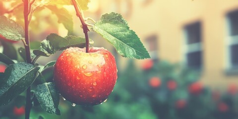 Obraz premium Red Apple on Branch Fresh Juicy Fruit Nature Photography dew tree food leaf ripe crop farm life