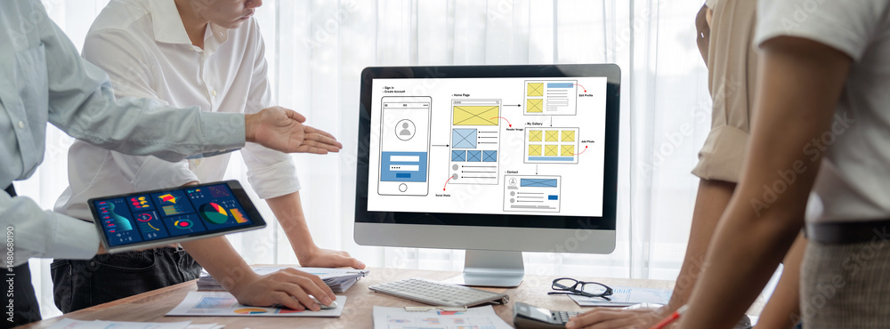 Poster UX UI design process for brisk mobile application and website . Creative prototype of wireframe for professional app developer .