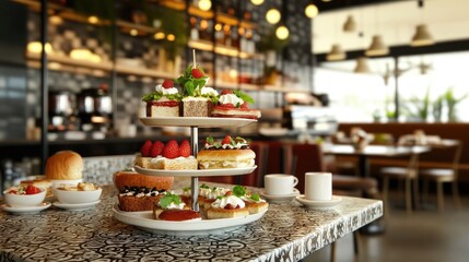 Fototapeta premium Fruit sandwiches displayed in a cafe-style setting with tiled backdrop and soft diffused lighting