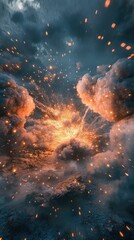 Fototapeta premium Fiery explosion, smoke, glowing embers, dark sky.