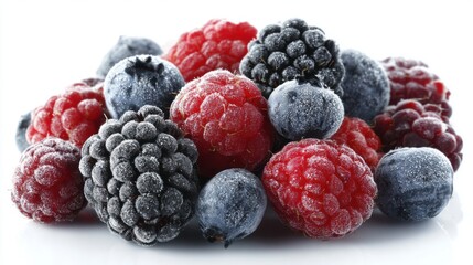 Close-up of Assorted Frozen Berries on White Background; Raspberries Blueberries and Blackberries; Studio Shot