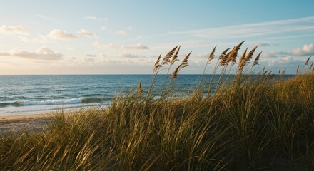 Serene Beach Sunset with Golden Grass