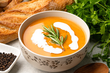 Delicious lentil, ezogelin or pumpkin soup on stone  background