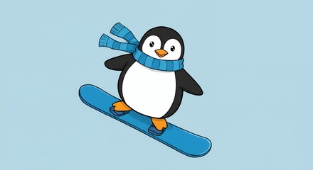 Penguin snowboarding illustration