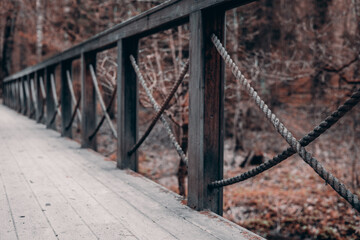 A wooden bridge with rope railings crossing a vibrant autumn forest creates a rustic and evocative atmosphere filled with colorful foliage and serene beauty. Beautiful wooden bridge in the forest.