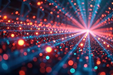 Abstract neon light burst with blue and red glowing particles in depth perspective