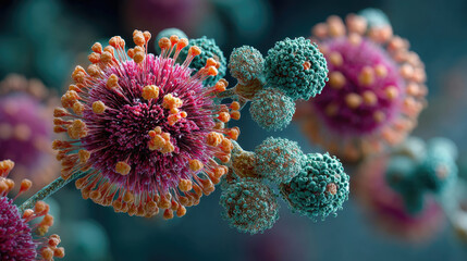 Fototapeta premium Microscopic view of viruses and antibodies, highlighting cellular structure