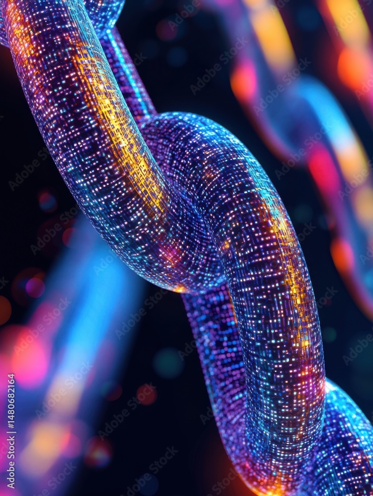 Poster Digital blockchain technology concept close up with glowing nodes and colorful lights shining in a dark environment macro shot