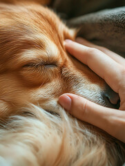 Close-up of A hand gently resting on a sleeping pet's fur