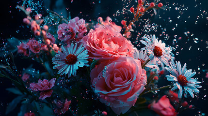 Floral Fantasy: A stunning bouquet of vibrant roses and daisies glistens under a gentle rain, its delicate petals shimmering with water droplets in a captivating, artistic scene.