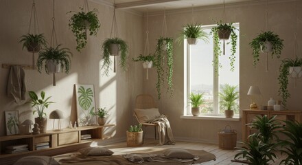 Sunlit Room with Hanging Plants and Wooden Furniture
