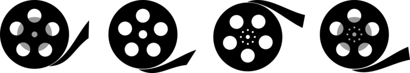 Film reel icon set. Black movie reel icon in vintage style. Old retro reel with film strip collection. Vector illustration.