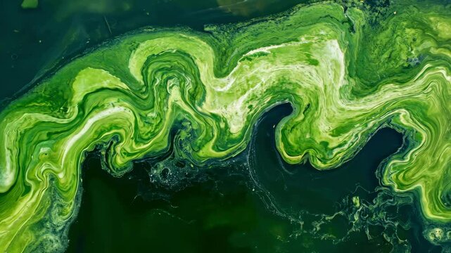 aerial view of green algae bloom floating on dark water surface, natural pattern formation