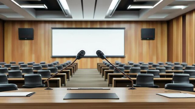 empty conference room with microphones and projector screen ready for presentation