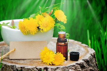 Essential oil or extract of dandelion on a wooden stump. Nature © Anna