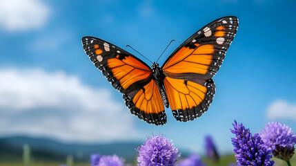 Fototapeta premium Orange Butterfly in Flight over Purple Flowers and Blue Sky