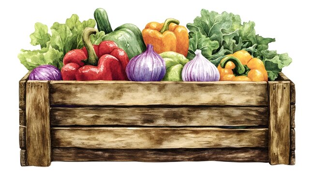 Colorful vegetables nestled within a rustic wooden crate.