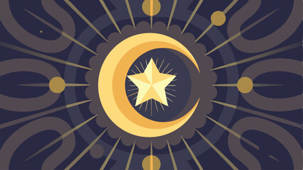 Obraz premium Celestial Crescent Moon and Starburst Night Design Mystical Golden Hues Dark Background Ornate Pattern Radiant Glow