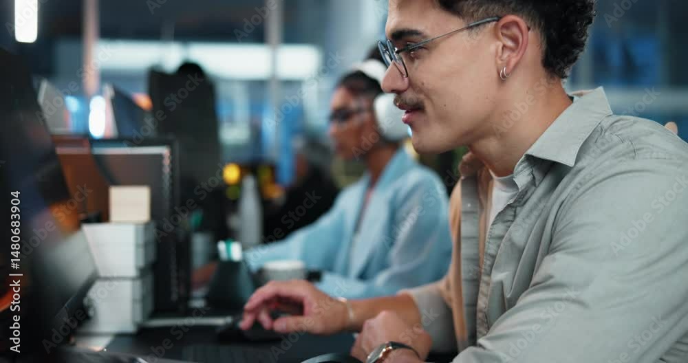 Poster Computer, smile and typing with programmer man in office as graphic designer for software development. Coding, reading and web design with happy developer or engineer at work for virtual update