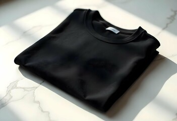 Realistic folded black t-shirt with visible collar tag, neatly placed on clean white surface, soft shadows, no logo, high-resolution product shot