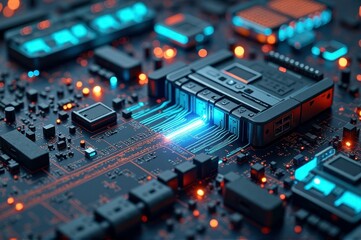 Fototapeta premium Futuristic circuit board with glowing components and digital connections