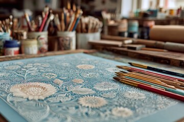 Light Blue Paper with White Linocut Floral Pattern Surrounded by Brushes and Pencils – Artistic Flat Lay in Home Studio