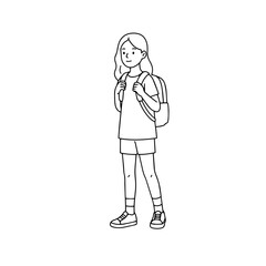 Obraz premium Young girl smiling with backpack in a simple line art style 