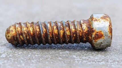 Detailed view of rust spreading metal bolt head with rich earthy tones and granular corrosion