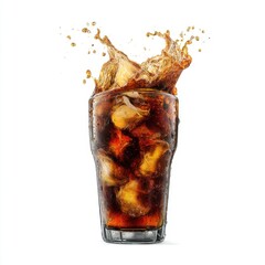 Refreshing cola drink with ice cubes splashing in a tall glass isolated on white background studio shot with dynamic action