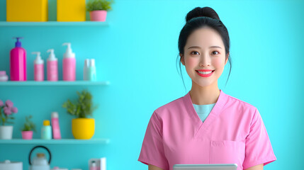 Smiling Young Woman in Pink Scrubs Holding Tablet in a Beauty Salon
