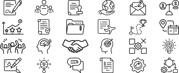 Leadership, Strategy, Teamwork, Money, and Success Symbols in a Business and Finance Line Icon Set
