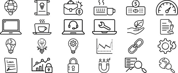 Business Icon Set of Vector Illustrations for Strategy, Marketing, Leadership, and Communication Banking, Marketing, Money, Growth, and Communication Symbols in the Finance and Business Line Icon Set