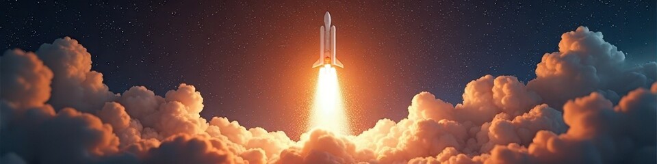 Space shuttle launches through cloudy skies illuminated by rocket flames