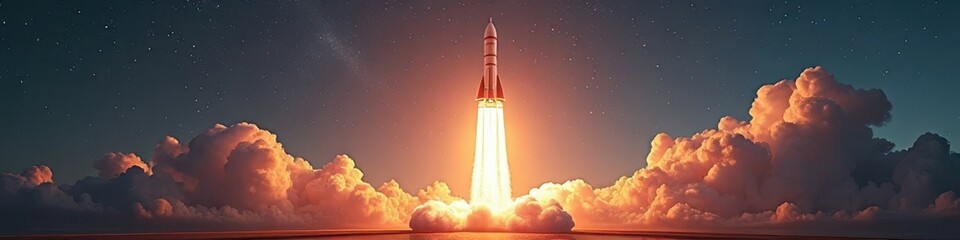 Rocket launch amidst billowing clouds at sunset sky