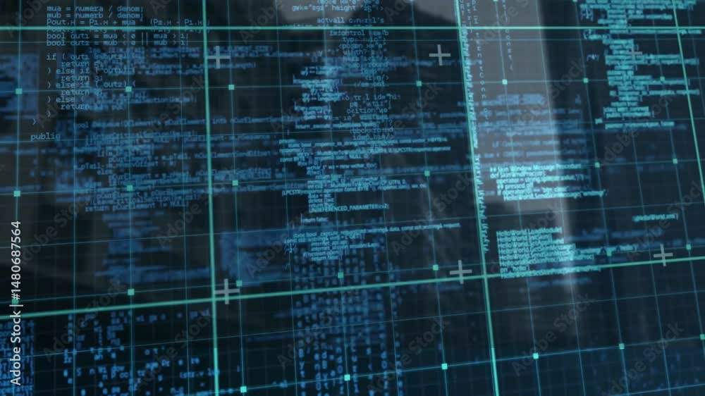 Poster Teal grid overlay streaming across screen, showing glowing nodes and floating blue code snippets