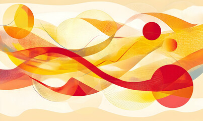 Abstract artwork featuring flowing, vibrant red and yellow shapes on a cream background.  Dynamic curves and translucent circles create a sense of movement and energy