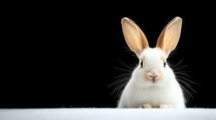 Fototapeta premium Adorable White Rabbit with Brown Spots on Ears Against Black Background