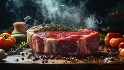 A large, raw beef steak with rosemary and smoke swirling around it on the table, surrounded by spices and vegetables. The focus is sharp on the meat, highlighting its texture and colors against a dark