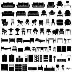 Collection of black silhouette icons depicting various furniture types including sofas, chairs, tables, beds, lamps, and cabinets, arranged in rows on a white background.